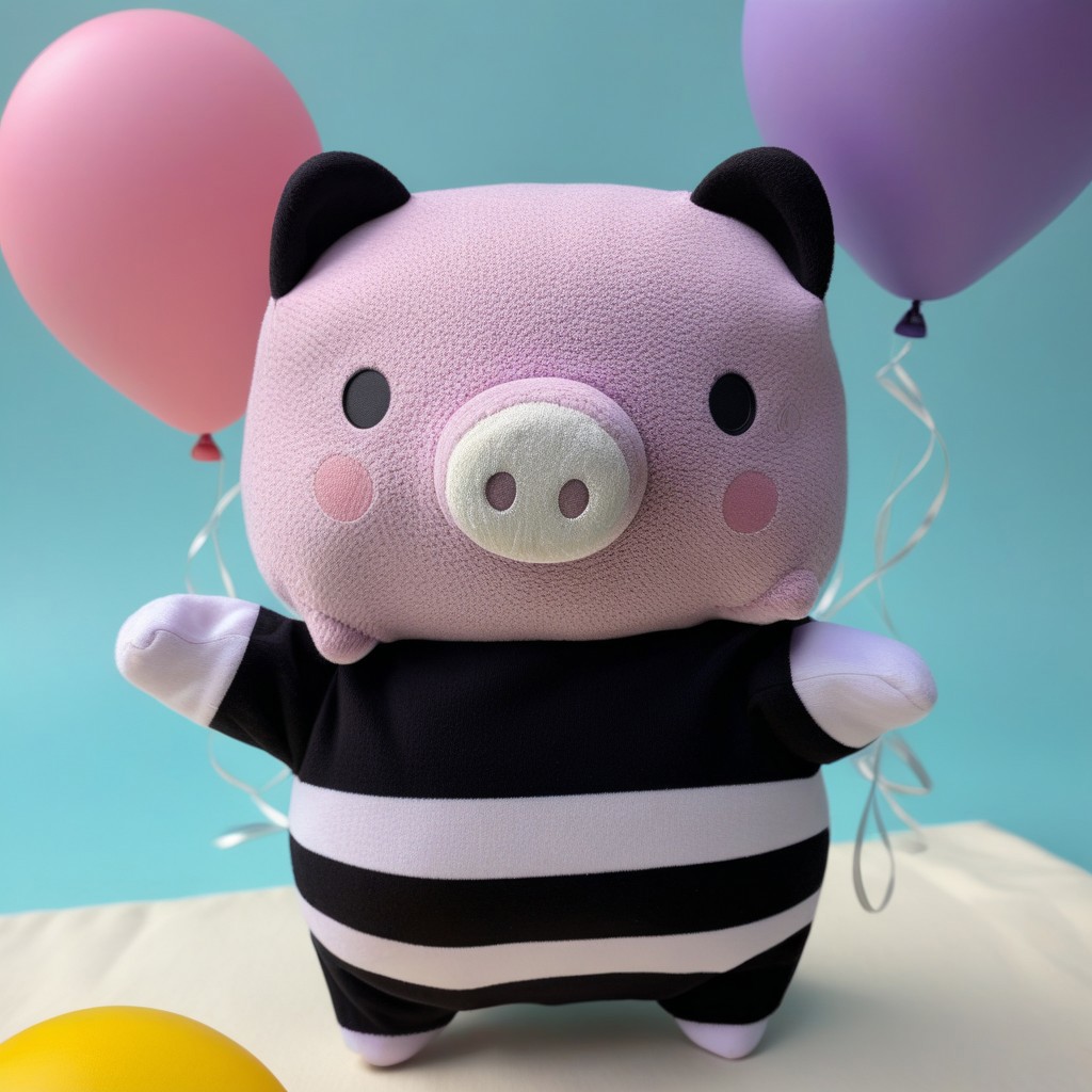 vibrant, adorable Boopig, plushie, toy, pig, snout, nostrils, simple eyes, round, plump, (mime:1.3) character, (soft texture:1.2), (purple and black stripes:1.5) body, wearing classic mime outfit, (black and white stripes:1.4), (white gloves:1.2), exaggerated facial expressions, performing invisible box act, whimsical background with colorful balloons, kawaii, fluff, fuzz, playful atmosphere, (bright lighting:1.3), by (Mary Blair:1.5) style, cheerful, high detail, trending on ArtStation.