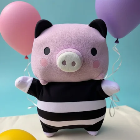 vibrant, adorable Boopig, plushie, toy, pig, snout, nostrils, simple eyes, round, plump, (mime:1.3) character, (soft texture:1.2), (purple and black stripes:1.5) body, wearing classic mime outfit, (black and white stripes:1.4), (white gloves:1.2), exaggerated facial expressions, performing invisible box act, whimsical background with colorful balloons, kawaii, fluff, fuzz, playful atmosphere, (bright lighting:1.3), by (Mary Blair:1.5) style, cheerful, high detail, trending on ArtStation.