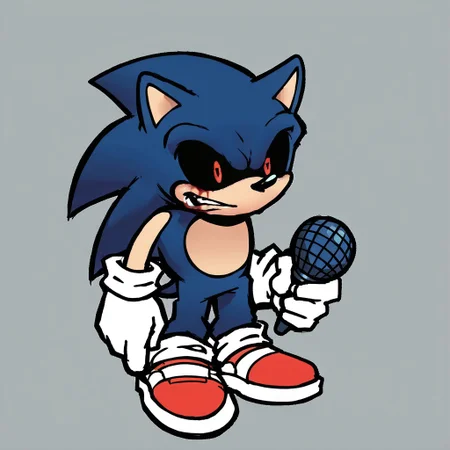 Source_9, source_8_up, source_7_up, source_6, source_cartoon, cartoon character, stylized art, cartoonish, cartoon, flat colors, bold outlines, rough outlines, gradient shading, minimal gradients, indie cartoon aesthetic, full body, standing, digital art, 2d, 2d art, holding, holding blue microphone, grey background, 1boy, solo, hedgehog, GrimboEXE, gloves, 1boy, animal ears, blue hair, shoes, socks, white gloves, white socks, spiked hair, red footwear, furry, furry male, body fur, animal nose, flat color, blue fur, sonic the hedgehog, black sclera, colored sclera, red glowing eyes, bloody tears