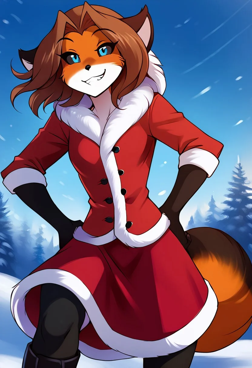 score_9, score_8_up, score_7_up, score_6_up, score_5_up, score_4_up, rating_safe, source_furry, detailed background, snowy winter in background, (late night:1.1), 1girl,female anthro fox standing, leaning forward, low-angle view, (solo:1.1), half-length portrait,
BREAK
female, furry, anthro,(fox:1.1), fox tail, (cute expression, cute face:1.1), (fox snout:1.1), smiling at viewer, hands on hips, smug grin, breasts,, blue eyes, <lora:Laura-Twokinds-SDXL-AnonTK-V1:0.9> , laura-twokinds, brown hair, black sclera,
BREAK
(red jacket, fur trim,fur-trimmed jacket:1.1), hood, , boots, (black stockings:1.1), red skirt <lora:Alice_SDXL:0.8>
BREAK
<lora:PDXL_artist_tags_v2:1> (by iskra:1.1),