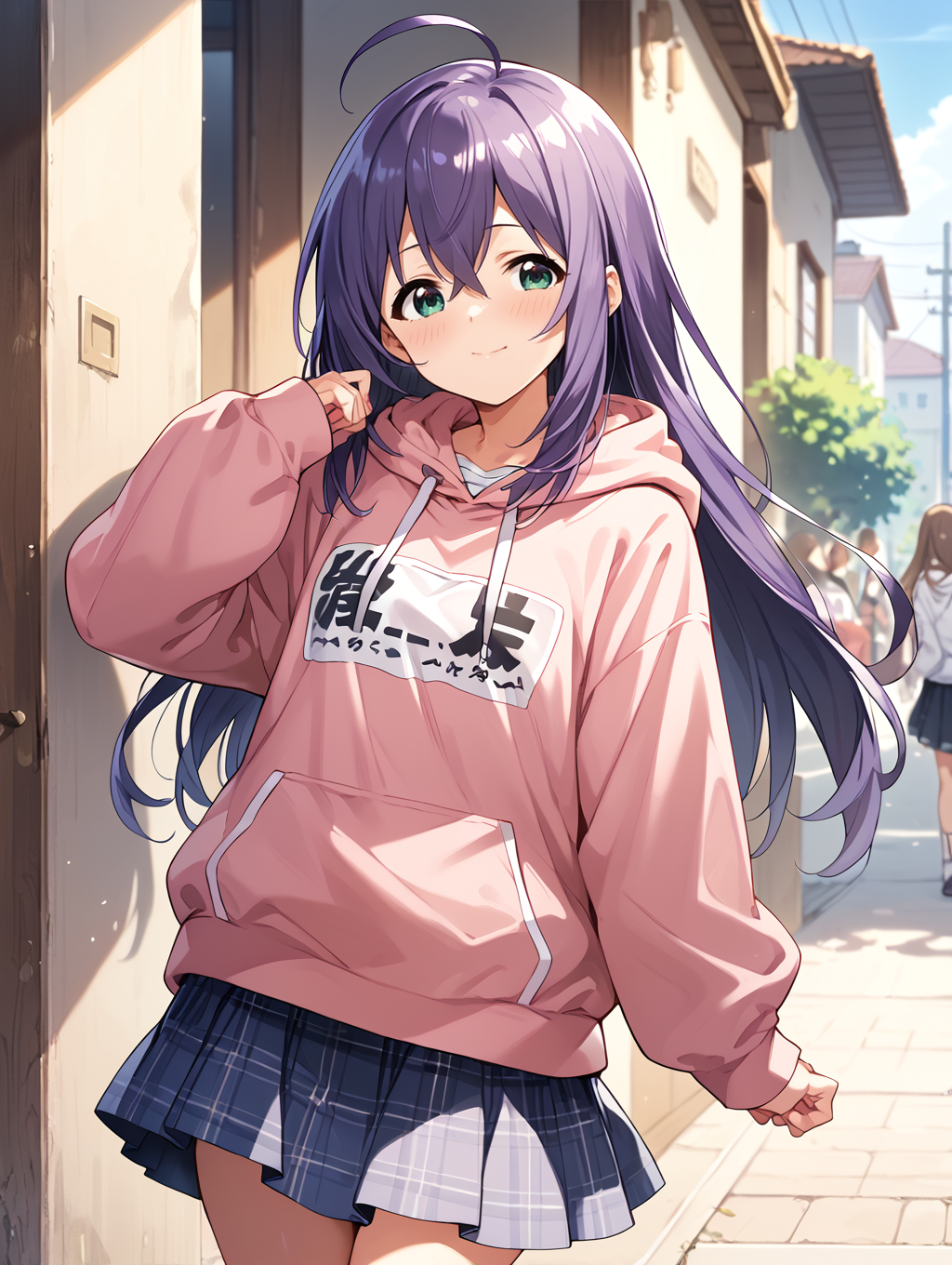 score_9,score_8_up,score_7_up,
official art,official style,game cg,megami magazine,
uncensored,
1girl,solo,
mochizuki anna,purple hair,green eyes,ahoge,long hair,
pink hoodie,skirt,hoodie,skirt,
<lora:idolmaster_mochizuki_anna_pony_v1.1-000006:1>,