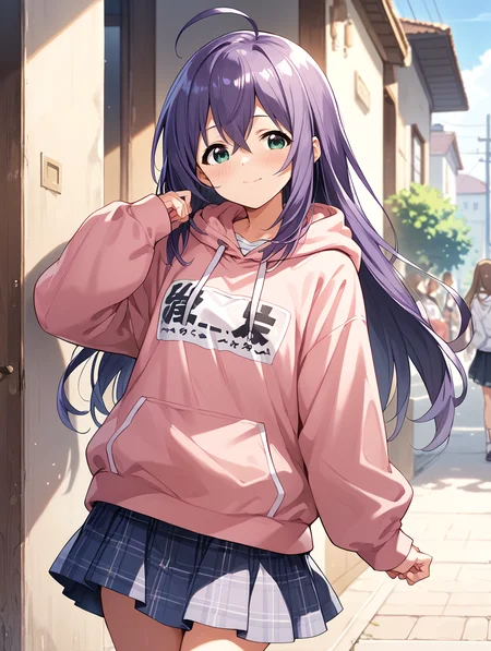score_9,score_8_up,score_7_up,
official art,official style,game cg,megami magazine,
uncensored,
1girl,solo,
mochizuki anna,purple hair,green eyes,ahoge,long hair,
pink hoodie,skirt,hoodie,skirt,
<lora:idolmaster_mochizuki_anna_pony_v1.1-000006:1>,