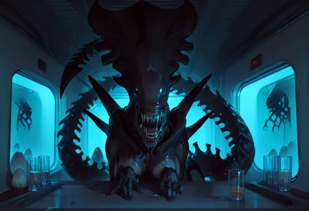 masterpiece, best quality, hyper-realistic, ultra-HD, luminous lighting, cinematic ambiance, shimmering gradients, ethereal glow, deep contrast, rich color tones, seductive atmosphere, captivating sensuality, Cinematic Lighting, 
BREAK 
raytracing, volumetric lighting, ambient occlusion, Background, xenomorph
BREAK
ryu, teal scales, eastern dragon horns, pointy ears, green eyes, long eyelashes, makeup, solo,
glass, see-through, skulls, portraits,
BREAK
A chilling scene unfolds in a dimly-lit industrial corridor, where the iconic xenomorph from the Alien franchise has cunningly concealed itself within an air duct. Its elongated, biomechanical form is contorted yet eerily poised, occupying the seemingly innocuous air vent. The slick, black exoskeleton, adorned with menacing ridges and a tail curled beneath it, blends seamlessly with the duct's shadowy interior. Only its distinctive dome-like head, partially open mouth revealing a set of inner jaws, pierces the veil of darkness. Glistening drool and the movement of its secondary jaws suggest a high state of alertness, ready to strike.
The xenomorph’s piercing yellow eyes reflect the flickering emergency lights of the corridor, hinting at its imminent intent. The vent's mesh serves as a sinister cage, unable to contain the creature's malevolent presence that emanates from every rivet and crevice. Tension swells as viewers anticipate the creature's imminent pounce, ready to unfurl from its hiding place. Surrounded by Alien eggs.