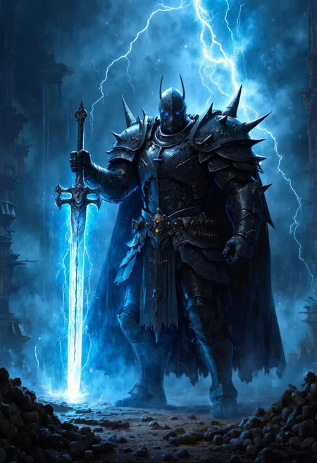 A cinematic, hyper-detailed photo of a powerful, menacing hkstyle knight clad in dark, spiked armor. The knight stands confidently in a mysterious, misty environment with dark clouds swirling ominously in the background. He is surrounded by an ethereal blue glow. The knight's helmet obscures his face, leaving only glowing blue eyes visible. He holds a massive, radiant sword that emits an intense blue light, matching the electrical energy crackling around him. The image has a dramatic and otherworldly atmosphere.