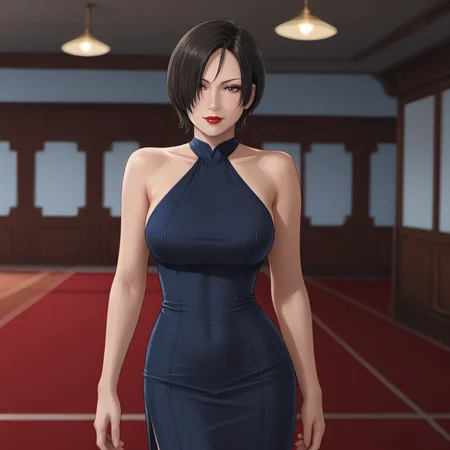 <lora:adawongmovie_pony_v1:.8> AdaResidentEvilMovie, 1girl, short hair, black hair, brown eyes, large breasts, hair over one eye,cowboy shot, lipstick,eyeshadow, cowboy shot,  <lora:0932 Home wear 9_v1_pony:1> ruanyi0932,blue dress,halter dress,sleeveless,cowboy shot,taut dress,skin tight,long dress