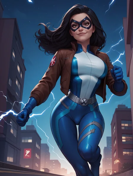 score_9, score_8_up, score_7_up,score_6_up, score_5_up, score_4_up , 1girl, solo,
large breasts,
dreamerdg,
long hair, brown eyes, black hair,
blue bodysuit, blue gloves, superhero, domino mask,
looking at viewer,
running,
electricity,
looking to the side,
smirk,
small bulge,
from below,
city, night, closed mouth,
bomber jacket, brown jacket,
<lora:Dreamer DG PonyXL V1-000002:1>
