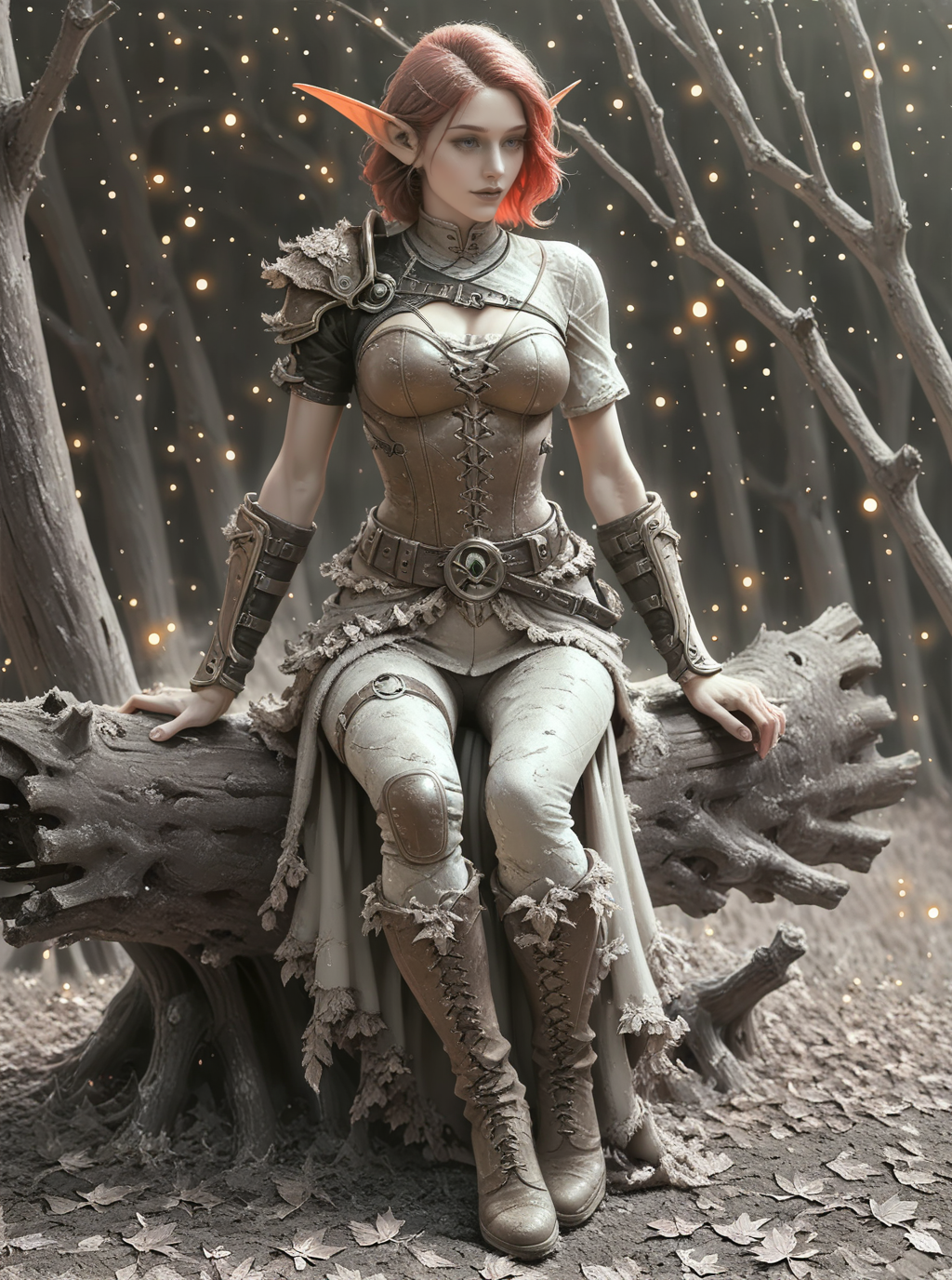 sref7036, beautiful elf ranger girl sitting on wooden log in the woods, full body, leather armor, short red hair, leafs particles, legwear, boots, short sleeves, bracers, asymmetrical clothes, solo <lora:sxz-sref7036:0.8>