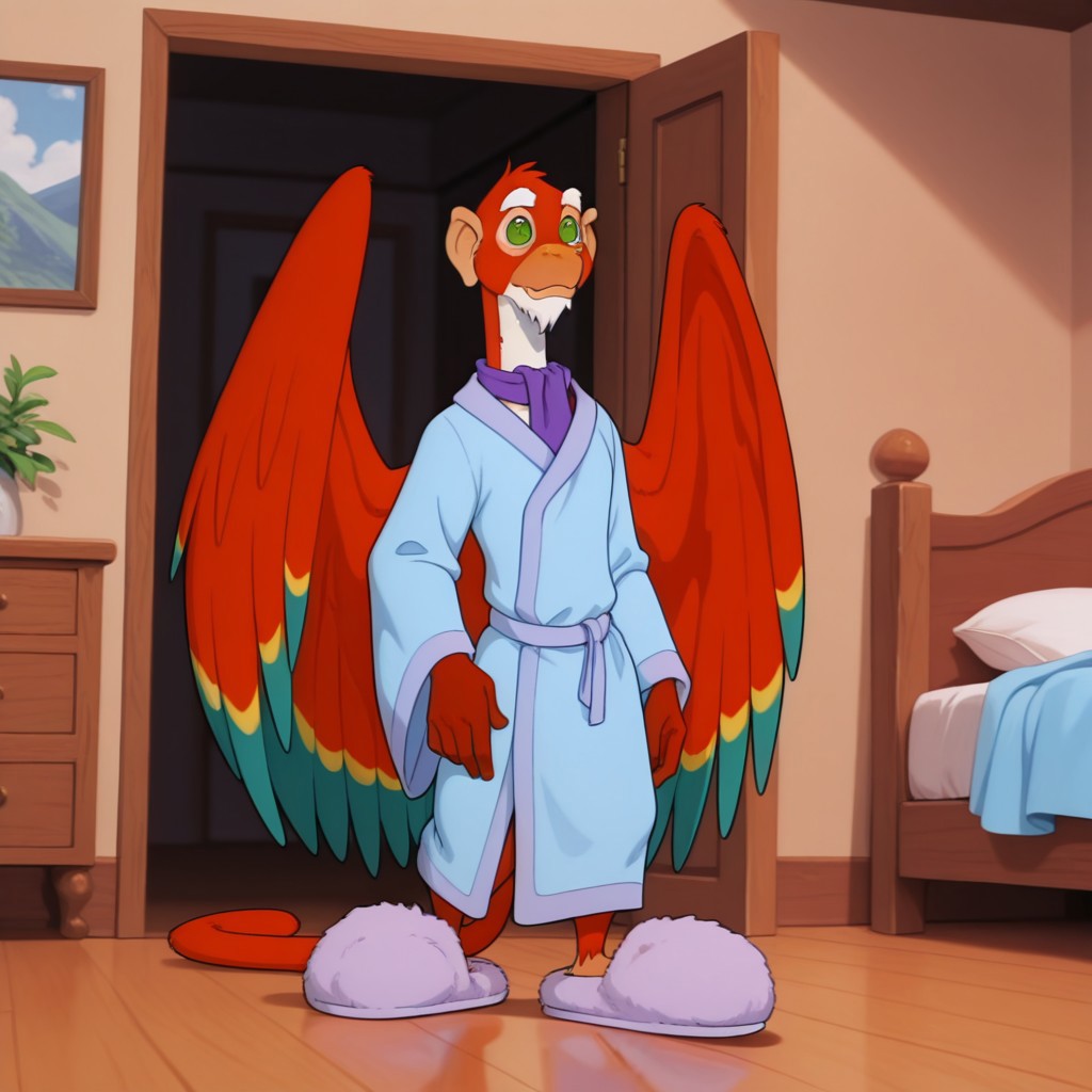 ((masterpiece, best quality, amazing quality,)) NiddlerPoDWil, semi-anthro, male, avian monkey, red feathers, wings, green eyes, white goatee, blue robe, purple scarf, fuzzy pink slippers, standing, bedroom, solo, full body