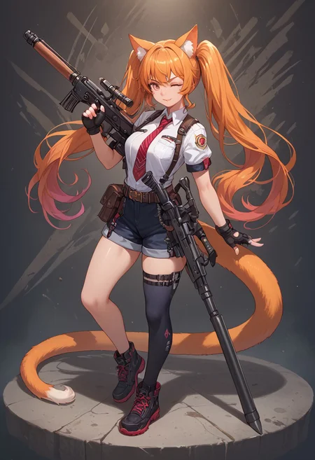 1girl, solo, weapon, tail, solo, animal ears, fingerless gloves, long hair, one eye closed, necktie, twintails, full body, michelle strinova, 
score_9, score_8_up, score_7_up,highest detail, highest quality, detailed background, vivid colors,