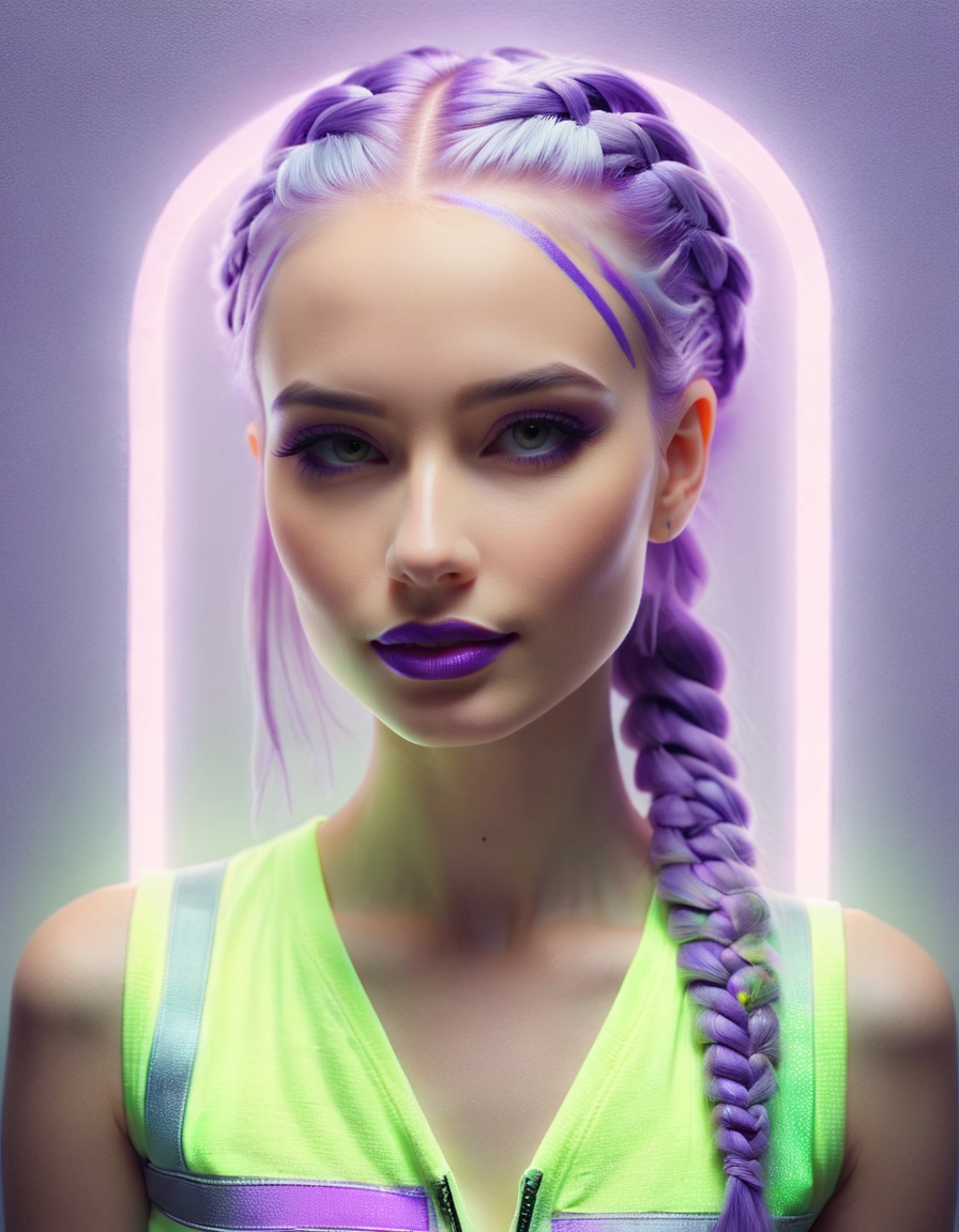 Light Projection,a portrait of a beautiful woman painted on wall with light,stunning beauty,soft light, pastel colors, purple hair, punk, line art,simple background, modernism, glowing lips, lips closed, light smile, masterpiece, natural style, braids, neon,  ral-highvis <lora:ral-highvis-sdxl:1>