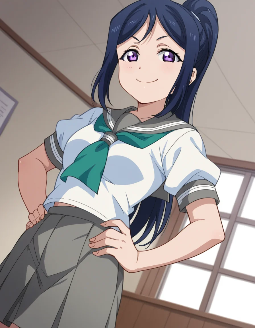 score_9, score_8_up, score_7_up, source_anime, <lora:kanan-matsuura-s2-ponyxl-lora-nochekaiser:1>, kanan matsuura, long hair, blue hair, purple eyes, ponytail, sidelocks,, skirt, school uniform, short sleeves, pleated skirt, serafuku, socks, neckerchief, kneehighs, black socks, green neckerchief, grey skirt, uranohoshi school uniform,, indoors, smug, smile, looking at viewer, solo, hands on hips,, cowboy shot, dutch angle