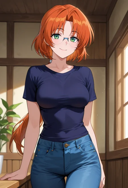 masterpiece, best quality, amazing quality, absurdres, 1girl, solo, cowboy shot, ailaww, mature female, green eyes, orange hair, long hair, low ponytail, parted bangs, glasses, rimless eyewear, medium breasts, t-shirt, jeans, looking at viewer, smile, indoors, day, skindentation, detailed clothing folds, depth of field, sharp, high contrast, dynamic light <lora:Aila_Mahou_Senshi_Louie_ill_v12:0.9>