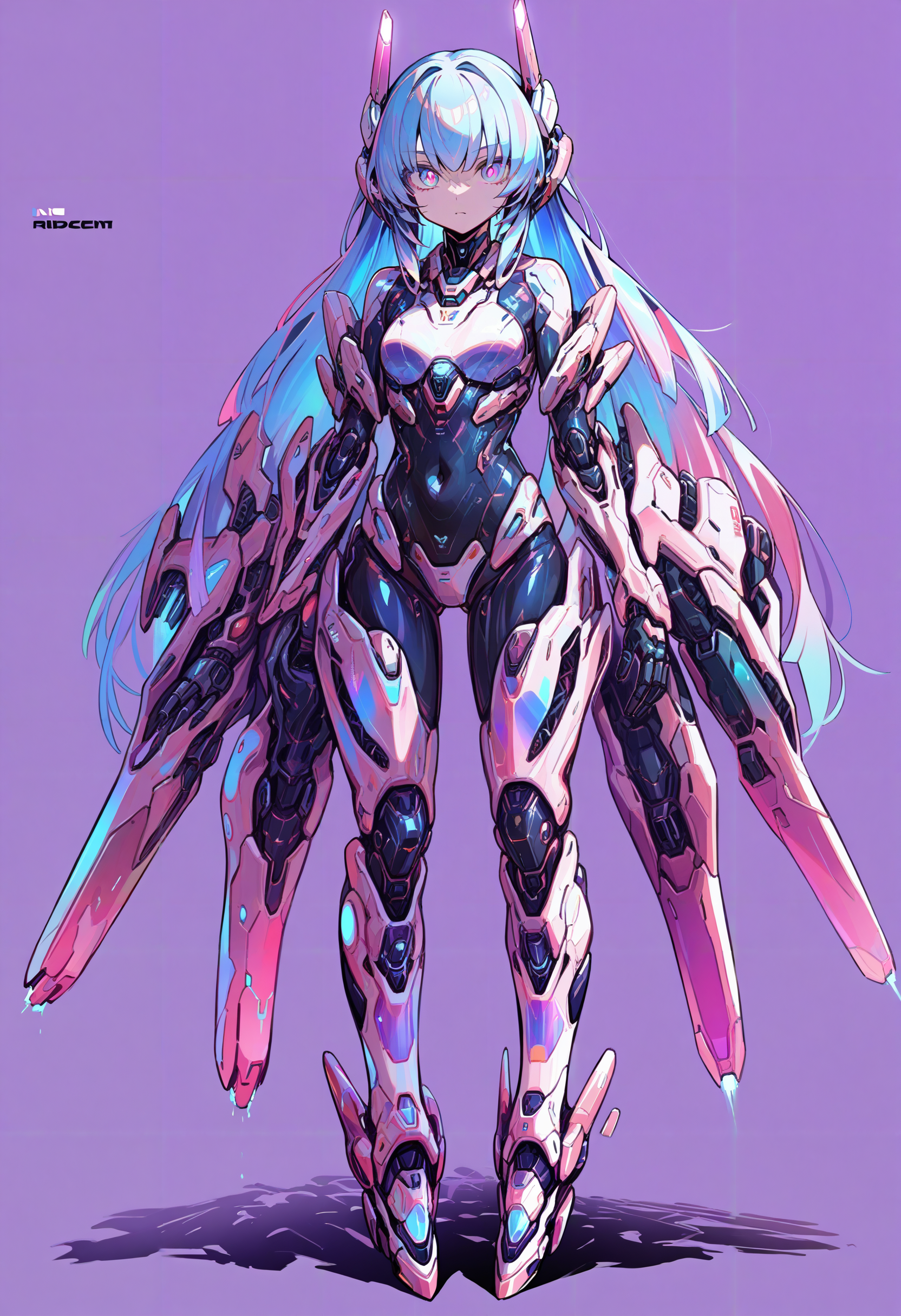 1girl, arms at sides, long hair, shade, iridescent hair, simple background, detailed, Neon Pink theme, purple light, mecha musume, mech girl, technical, bodysuit, full body,  <lora:Mechanism-pdxl-1:1> mcnm