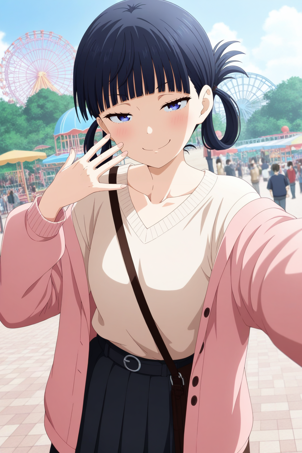 masterpiece,best quality,amazing quality,very aesthetic,absurdres,newest, 1girl, solo, original, hair rings, beige sweater low-cut sweater with black straps, collarbone, pink jacket, black skirt pleated skirt medium skirt past thighs, upper body, standing, amusement park background, looking at viewer, one arm outstretched, spread fingers, smug, Dutch angle,
<lora:il_contrast_slider_d1 (Ð¦ÐÐÐ¢ ÐÐÐ Ð¢ÐÐÐÐ):-0.8>
 <lora:Riri Tenkuubashi:0.8> riri_tenkuubashi, 1girl,