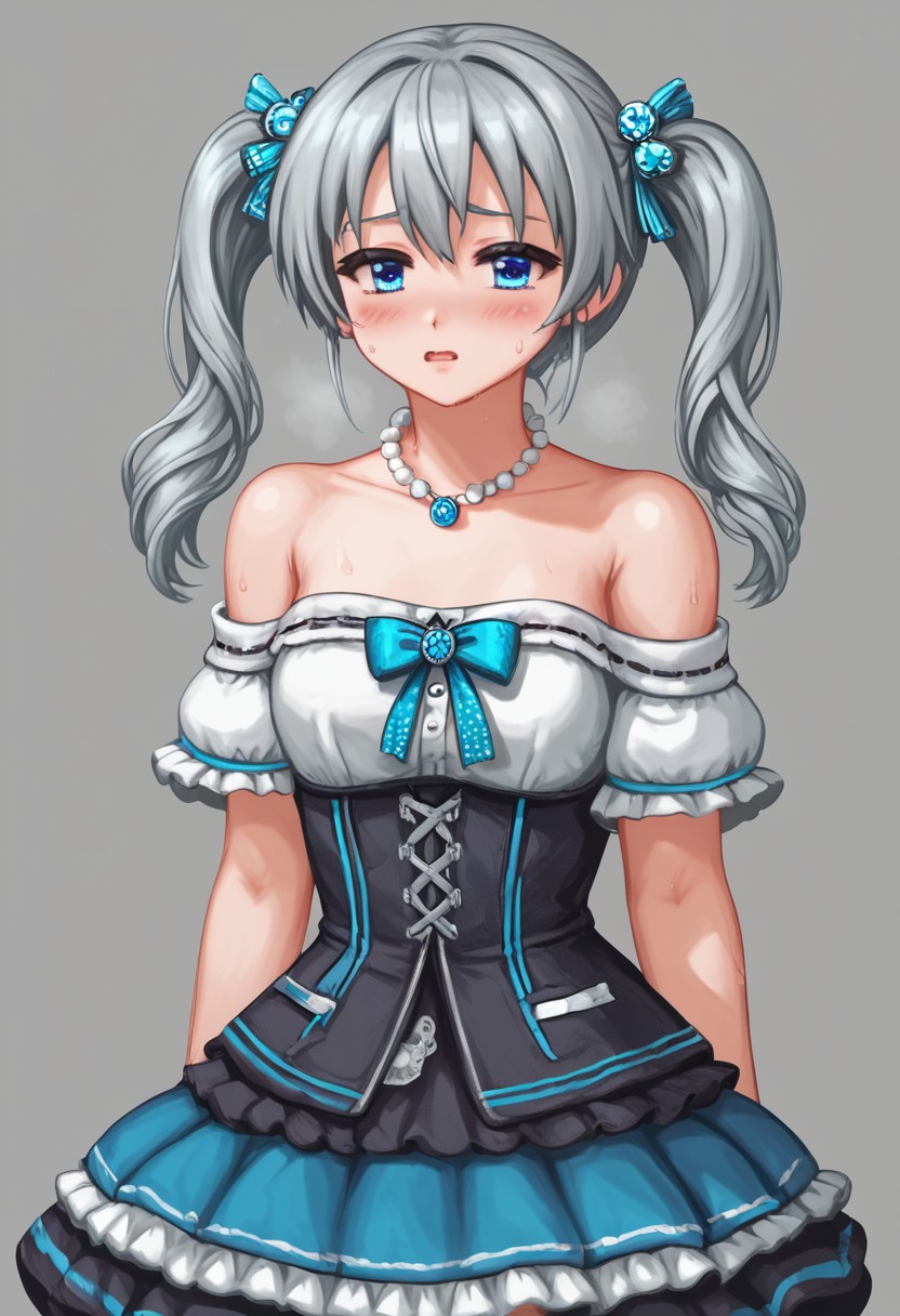 score_4,score_5,score_6,score_7_up,score_8_up,score_9
((masterpiece,best quality,ultra detailed,highres,HD,4k:1.2)),
1girl, solo, grey hair,twintails, necklace, bare shoulders, jewelry, pantyhose,blue eyes, blue hair ornament, skirt,frill,
blush,open mouth,sweat,