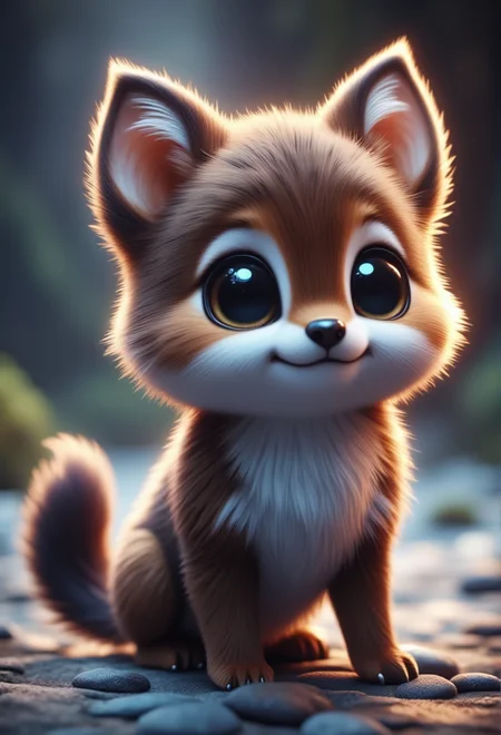 a gentle baby wolf with a wagging tail, bv-cutenh, in a fantastical style, ultra-detailed, with soft lighting and vibrant colors, emphasizing cuteness and charm with soft, rounded features and big, expressive eyes.<lora:bv-cuteness-enhancer-v1.safetensors:1.0:1.0>