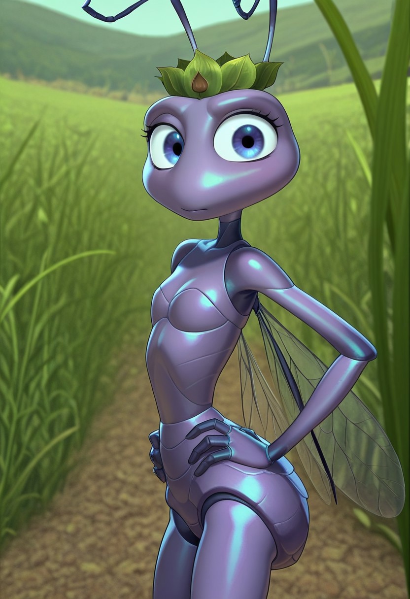 best quality, masterpiece,  front view,, antennae, ant, leaf crown, solo, princess atta, hands on hips, outdoors, green meadow, looking at viewer,  side view, ant wings
