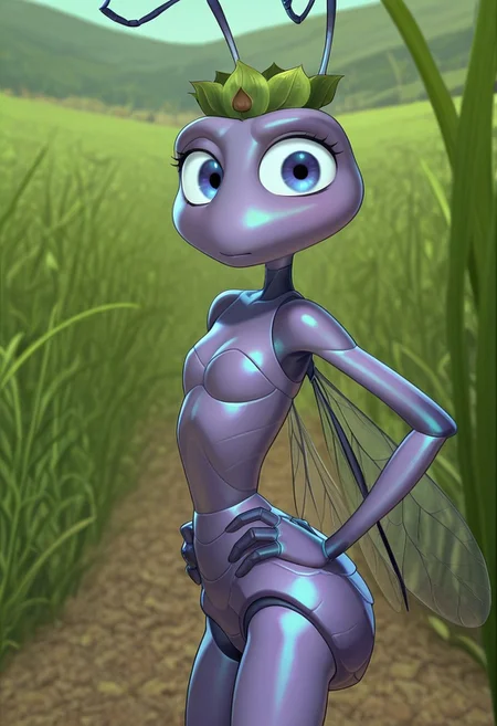 best quality, masterpiece, front view,, antennae, ant, leaf crown, solo, princess atta, hands on hips, outdoors, green meadow, looking at viewer, side view, ant wings