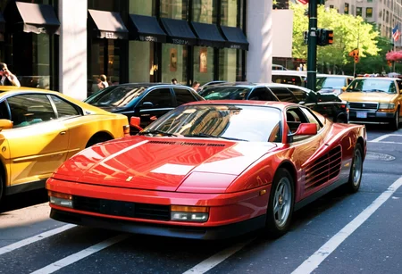 ClassicMuscleCar, gleaming red Frerrari Testarossa, front view, sunny, New York fifth avenue, 4K, highly detailed, (((stylish grainy analog 35mm film photo)))