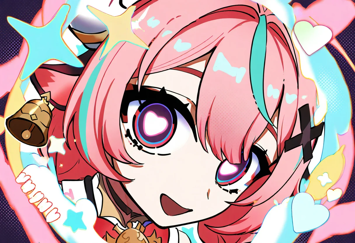 shijian meme,varesa_(genshin_impact),horns,pink hair,animal ears,cow ears,purple eyes,multicolored hair,ahoge,twin braids,cow horns,bell,hair ornament,very long hair,streaked hair,x hair ornament,1girl,smile,solo,looking at viewer,open mouth,portrait,heart,star \(symbol\),multicolored eyes,sparkle,diffraction spikes,
newest,absurdres,highres,masterpiece,best quality,year 2024,
<lora:shijian_Noob10:1.2>,<lora:varesa_v2_Noob10:0.7>,