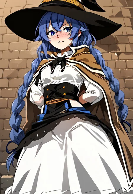 score_9, score_8_up, score_7_up, score_9, score_8_up, score_7_up,Masterpiece,HD,(((HD quality))), (((ultra quality))), hyper ultra detailed, hyper ultra quality,solo,mature female,
<lora:StS_PonyXL_Detail_Slider_v1.4_iteration_3:3>,
Background dungeon, bricks, filth on the walls, anime font,from below, looking at the viewer,indoors,
1girl, detailed, perfect arms, perfect face, perfect hands,alone ,blushed, very blushed,
BREAK
breasts perky,curvy, waist, slim,  perfect anatomy, height, tall,perfect body, 
BREAK
<lora:nomanota:0.9>,
nomanota, roxy, 1girl, blue hair, blue eyes, braid, twin braids, long hair, witch hat, brown cape, skirt dress,