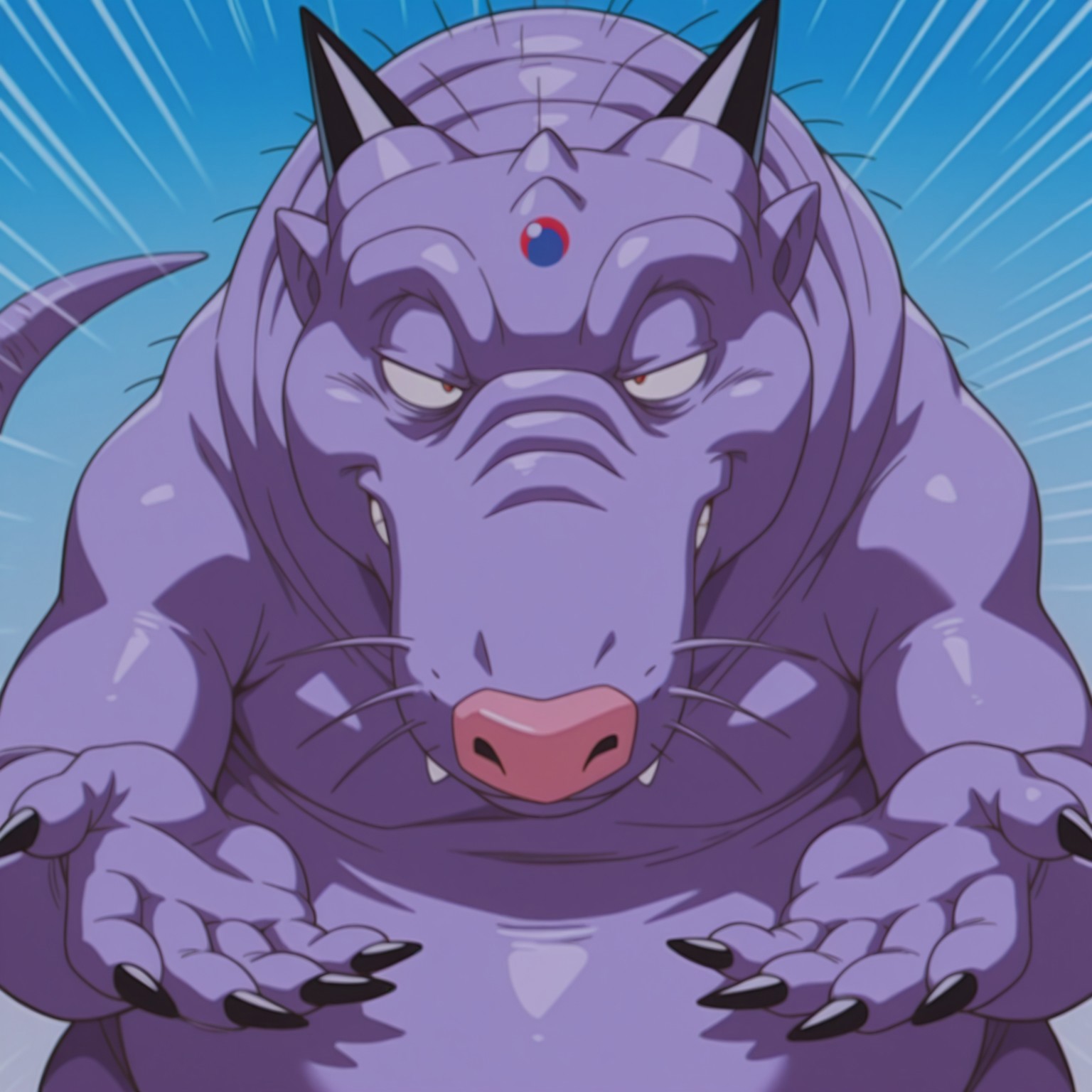 masterpiece, best quality, amazing quality, very aesthetic, absurdres, newest, Solo, 2d, 4 toes, male, scalie, Moleshenron, monster, whiskers, pink nose, purple skin, black horns, red pupils, black claws, toe claws, tail, pointy ears,

BREAK blue background, abstract background, shrugging, standing, smirk, upper body focus