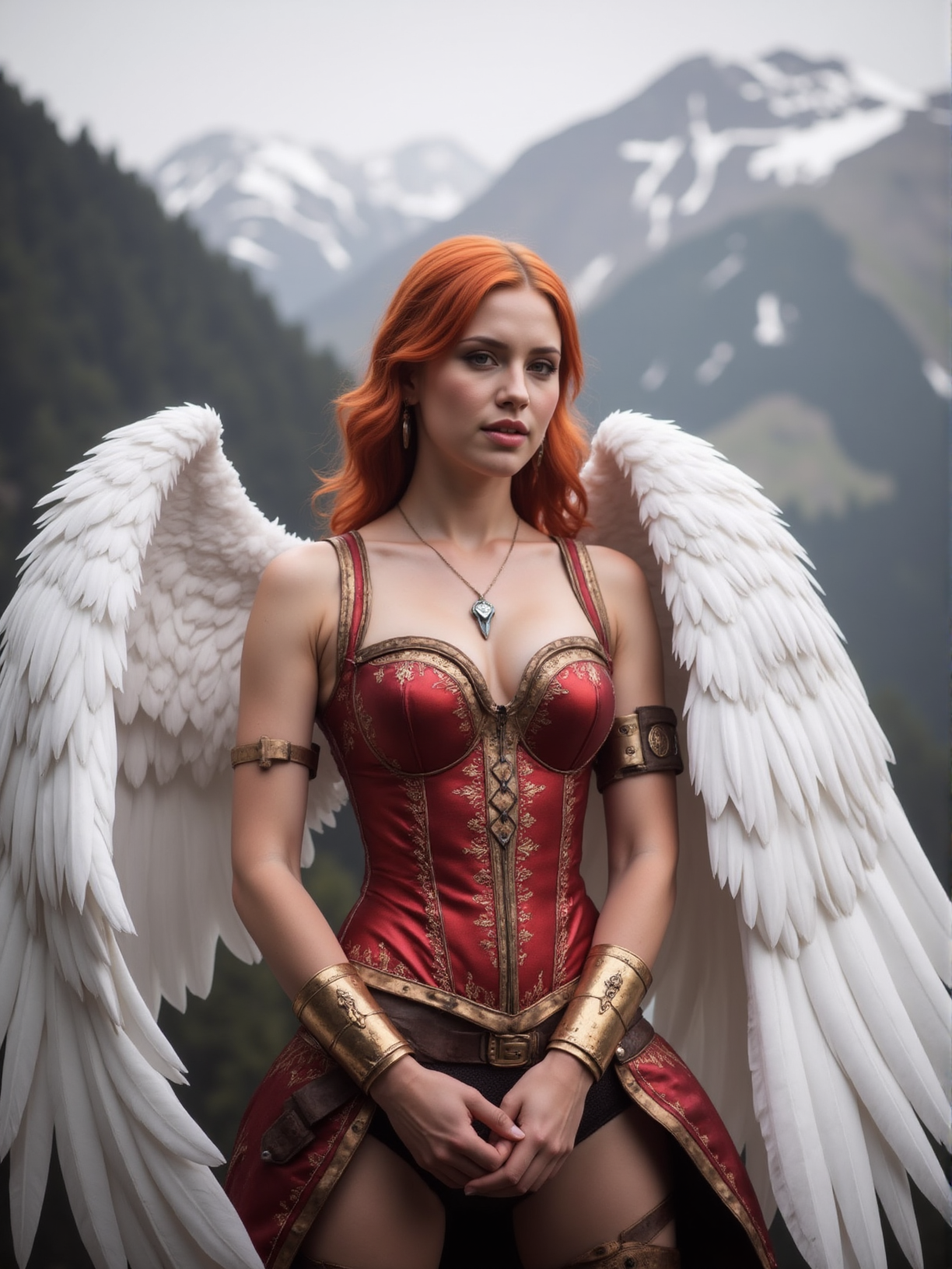 A portrait of a woman with striking red hair, set against a breathtaking backdrop of snow-covered mountains. She wears a detailed, red and gold corset with intricate patterns, and her wings are large, feathered, white. The woman's attire is complemented by a delicate necklace with a pendant. Her pose is poised and regal, with her hands gently clasped in front of her. The overall style of the image leans towards fantasy or historical reenactment, with a color palette dominated by reds, golds, and whites.
