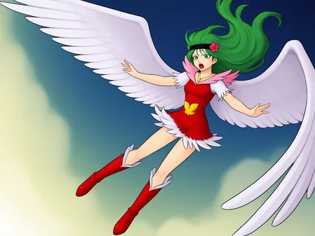 score_9, score_8_up, score_7_up, source_anime, 1girl, solo,  Nazca, green hair, long hair, green eyes, headband with flower, red dress with pink collar, white fringed shoulders, white fringed hem, necklace, gold emblem, wings, wings out stretched, flying, red boots, open mouth, yelling, night sky