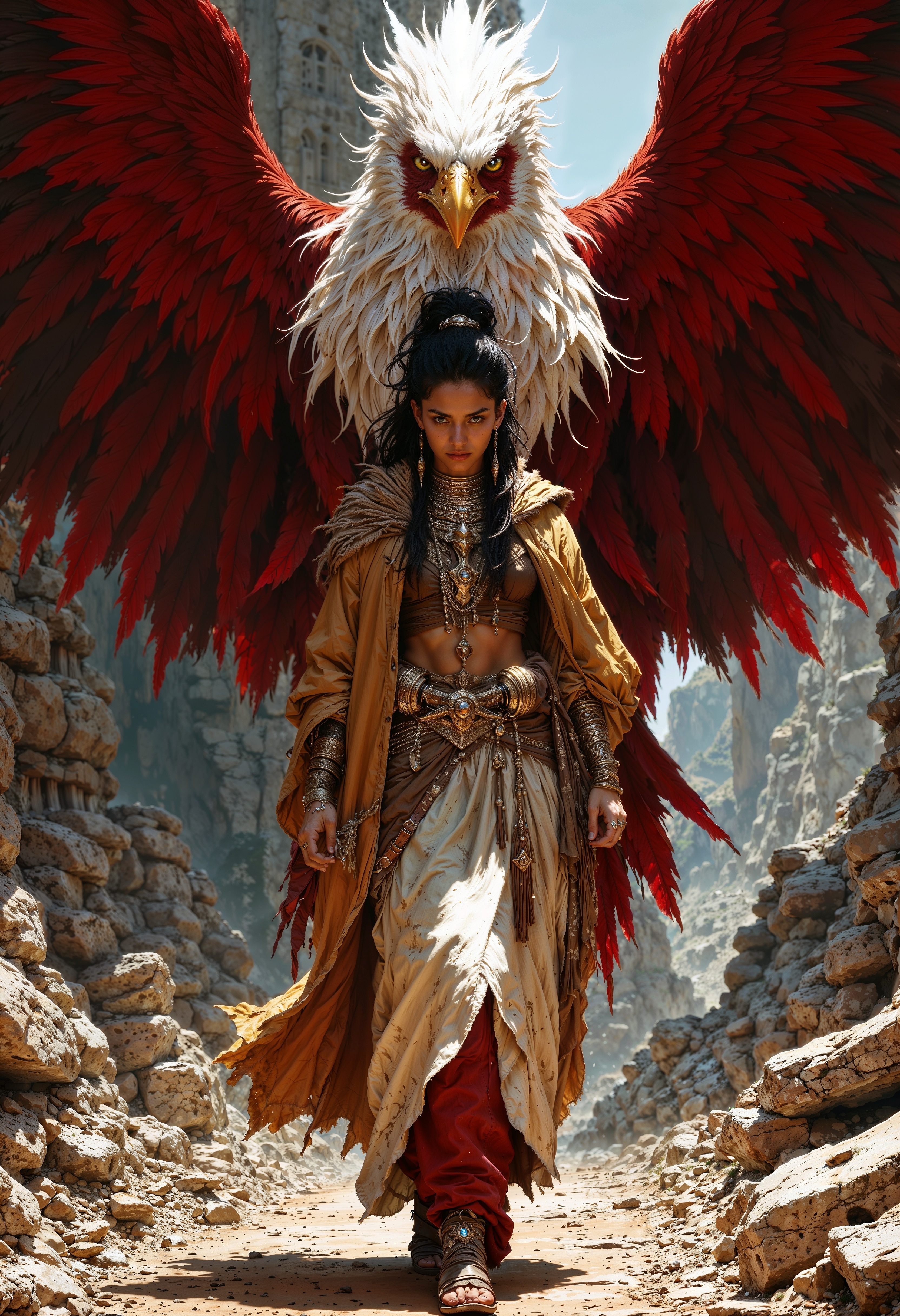 a fantasy scene. A woman with medium skin tone and dark hair, styled in a rugged manner, walks confidently forward. She is dressed in a flowing, light-colored robe with multiple layers and adorned with numerous necklaces and bracelets, giving a mystical appearance. Behind her, a large, majestic bird with vibrant red and white feathers spreads its wings dramatically, creating a striking contrast against the background. The setting appears to be an ancient, crumbling structure, with debris scattered around, adding to the epic and adventurous atmosphere of the scene. The lighting highlights the textures of the feathers and the fabric, enhancing the overall dynamic and powerful composition of the artwork.