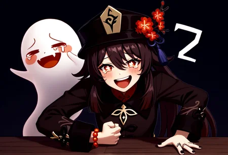 Wheeze, open mouth, tears, laughing, HuTao_DskFll, 1girl, solo, long hair, blush, smile, open mouth, brown hair, shirt, red eyes, long sleeves, hat, hair between eyes, twintails, jewelry, upper body, flower, nail polish, bracelet, symbol-shaped pupils, black headwear, chinese clothes, ring, red shirt, black nails, beads, ghost, hat flower, bead bracelet, flower-shaped pupils, plum blossoms, hu tao (genshin impact), hand on table, english text, clenched hand BREAK PonyXLV6_Scores