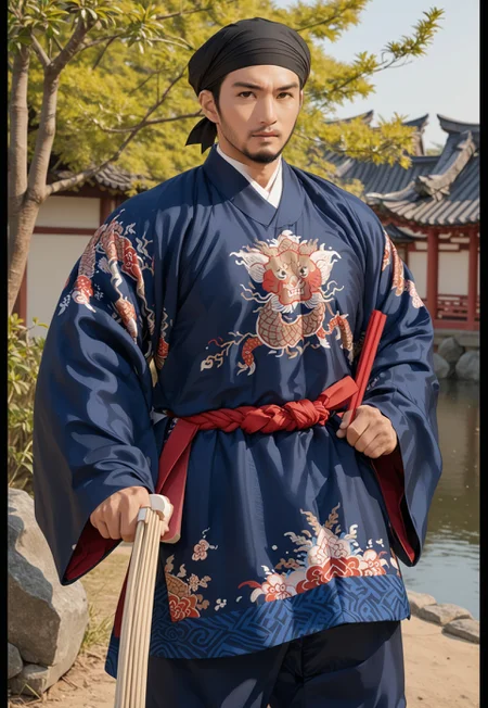 score_9, score_8_up, score_7_up, score_6_up, perfect anatomy, perfect proportions, best quality, masterpiece, high_resolution, high quality, male focus, bara, mature, masculine, manly, handsome, (asian man, mature man, black hair, black eyes, facial hair, stubble), BREAK (aonguthan, dark blue clothes, black headband), detached sleeves, yarn knitting on sleeves, jinbei half pantsupper body, stomach, outdoors, movie still, perfect face,