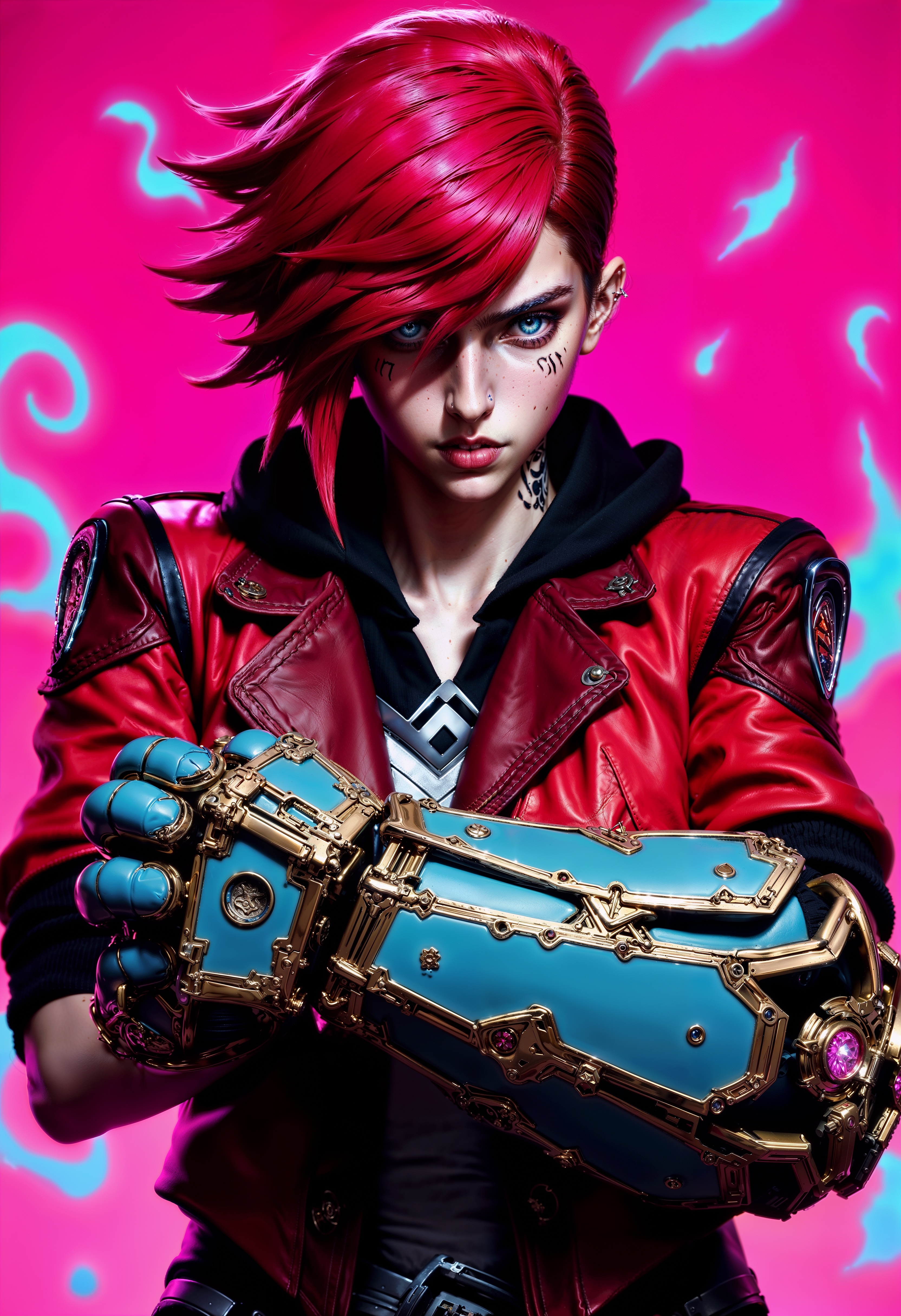 ViA, a portrait of a stylized, ViA character with a striking appearance. The character has short, vibrant hair, and intense grey blue eyes that stand out against her fair skin. She wears a red jacket, exuding a tough, rebellious vibe. Her arms are adorned with large gauntlet, adding to her distinctive look. The background is a vivid pink with abstract, dynamic patterns, enhancing the bold and energetic feel of the image. The overall composition is centered, focusing on the character's upper body and intense gaze, creating a powerful visual impact. <lora:FluxViA:1> <lora:FluxMythP0rtr4itStyle:0.7>