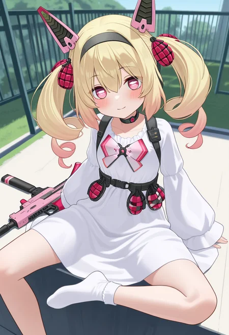 ikinone_tomeru, blonde hair, twintails, hairband, multicolored hair, black hairband, hair ribbon, pink eyes, long hair, gradient hair, headgear, hair between eyes ,drill hair, mechanical ears, white square pupils,
choker, white dress,ong sleeves, grenade, bow, ribbon, official alternate costume, white socks, no shoes,
holding pink weapon,
<lora:ikinone_tomeru_Illustrious-XL_2.0_v1:1>,, IllusP0s,masterpiece, best quality, amazing quality, very aesthetic, absurdres, newest
solo,1girl,, sitting, (dynamic_pose),
blush,closed mouth,light smile,
looking at viewer,cowboy shot,
(outdoors, )