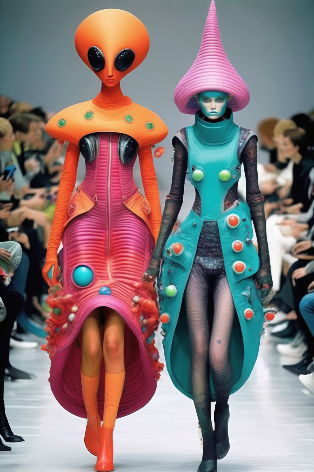 <lora:Avant-garde Fashion:1>Avant-garde Fashion - outlandish extraterrestrial fashion trends, with aliens strutting down a catwalk wearing vibrant and bizarre outfits made from intergalactic materials