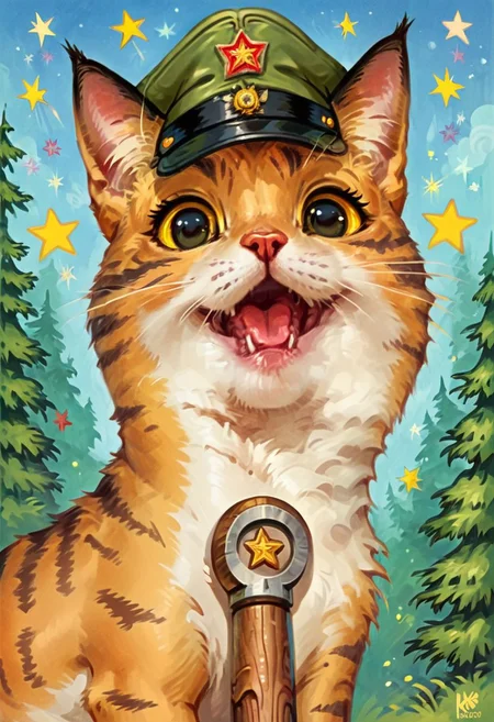score_9, score_8_up, score_7_up, score_6_up, score_5_up, score_4_up, BREAK (soviet postcard, logo, komrade kat, propaganda portrait of very happy comrade cat, forest background), tabby cat, green soviet peaked cap, star shape, hammer and sickle, sun, blue sky, muted colors