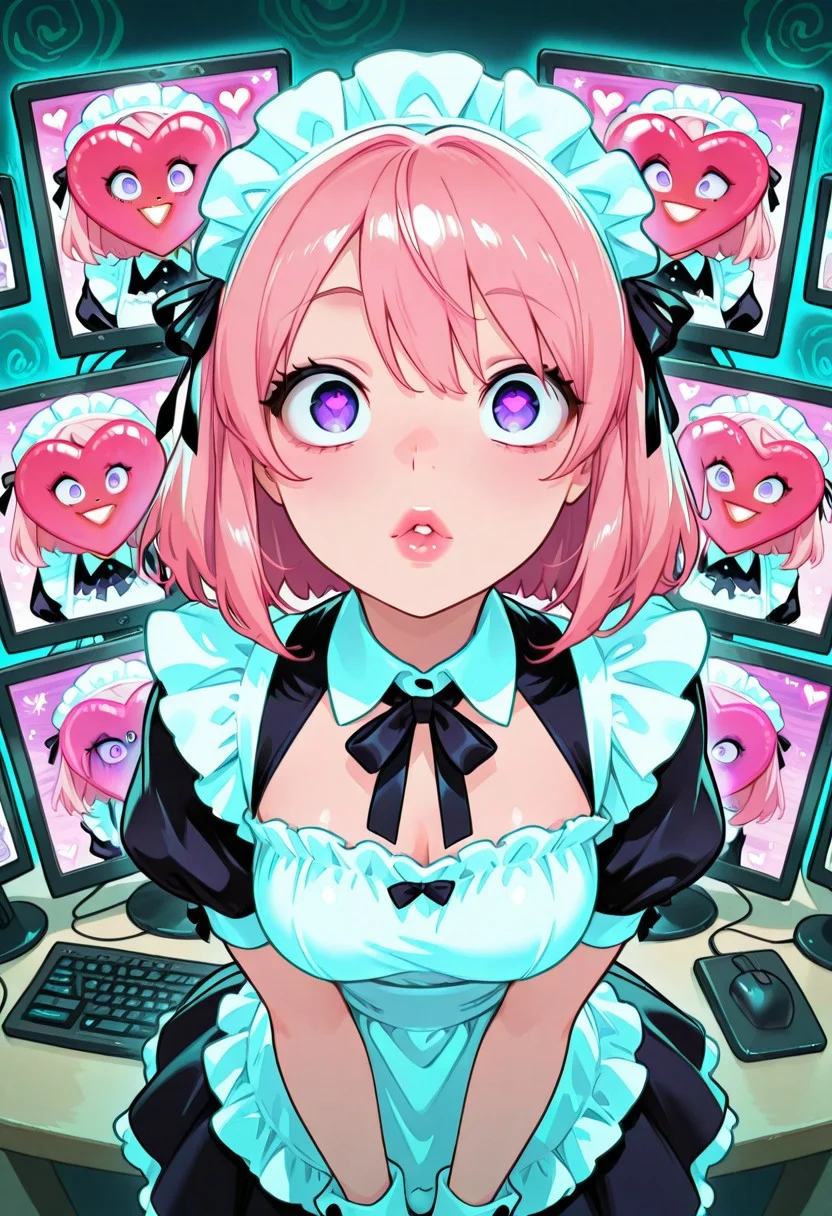 <lora:CivChan:1> CivChan, purple eyes, pink hair, maid outfit, medium breasts, pov_kiss, full lips, floating hearts, hearts, crazy eyes, computer screens in background with static, heart balloons, glitter