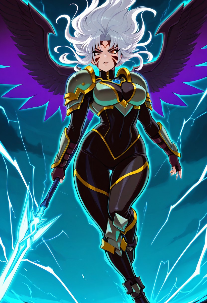 masterpiece, best quality, medium breasts, curvy, 
(dynamic pose, foreshortening), 
zzFierce, facial mark, armor, alternate hair color, alternate costume, alternate eye color, dark persona, tattoo, facial tattoo, shoulder armor,  gloves, white hair, fingerless gloves, boots, aura,
1girl, gothic valkyrie, dark winged armor, long black hair, glowing spear, stormy sky, intense gaze, wings spread wide, battle-ready, mystical lightning strikes in background