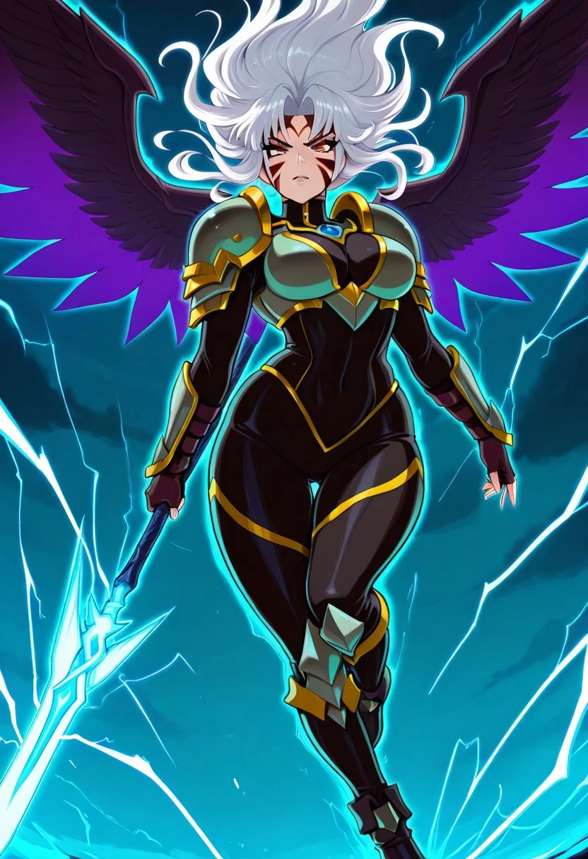 masterpiece, best quality, medium breasts, curvy,
(dynamic pose, foreshortening),
zzFierce, facial mark, armor, alternate hair color, alternate costume, alternate eye color, dark persona, tattoo, facial tattoo, shoulder armor, gloves, white hair, fingerless gloves, boots, aura,
1girl, gothic valkyrie, dark winged armor, long black hair, glowing spear, stormy sky, intense gaze, wings spread wide, battle-ready, mystical lightning strikes in background