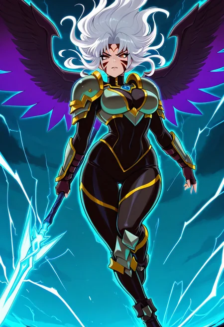 masterpiece, best quality, medium breasts, curvy,
(dynamic pose, foreshortening),
zzFierce, facial mark, armor, alternate hair color, alternate costume, alternate eye color, dark persona, tattoo, facial tattoo, shoulder armor, gloves, white hair, fingerless gloves, boots, aura,
1girl, gothic valkyrie, dark winged armor, long black hair, glowing spear, stormy sky, intense gaze, wings spread wide, battle-ready, mystical lightning strikes in background