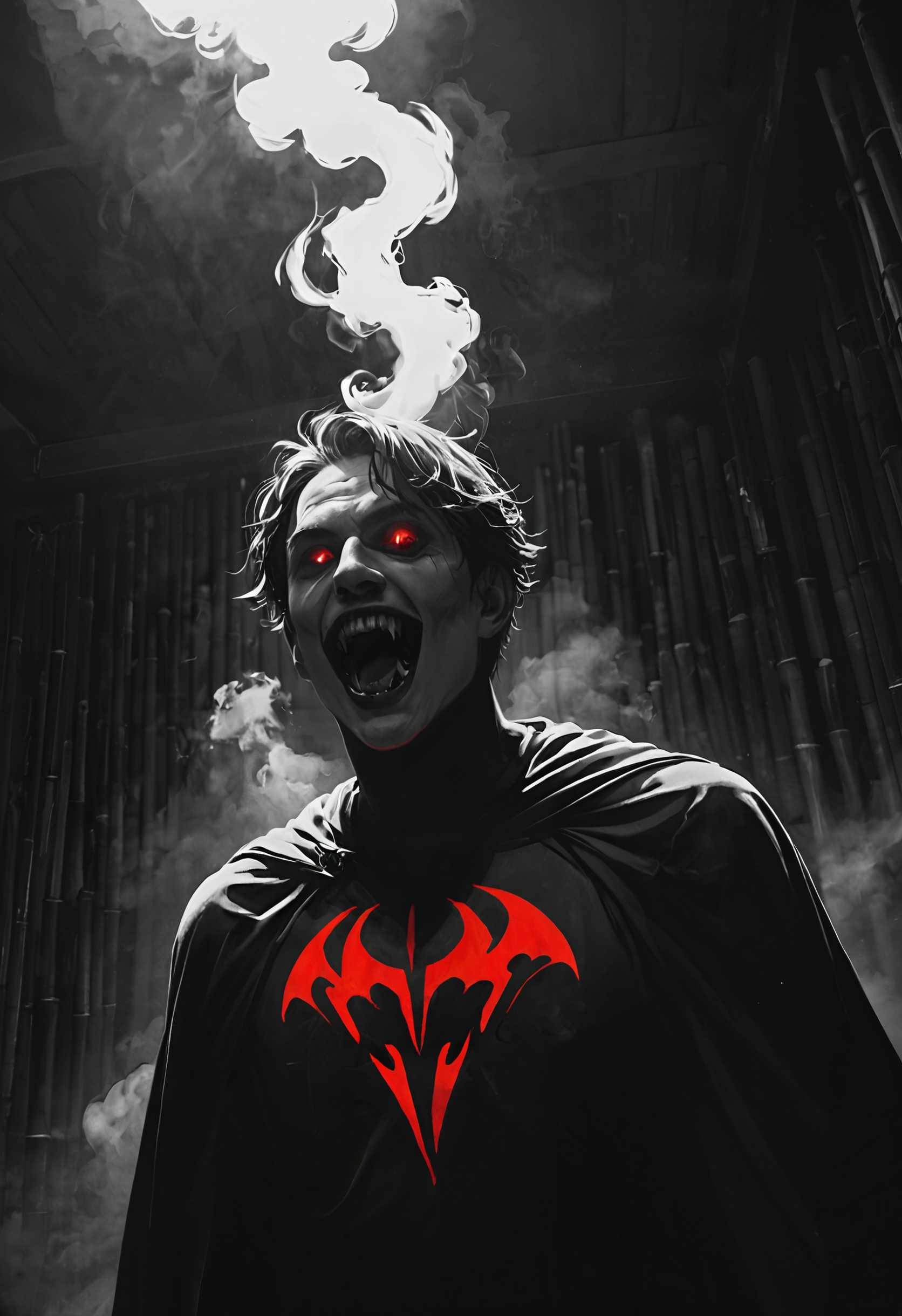 score_9, score_8_up, score_7_up, source_photo, Bamboo steam room atmosphere, vampire, solo, 1boy, fangs, black_hair, ribbon, open_mouth, red_eyes, cape, Wide-angle draped silhouette, rating_safe, <lora:pony\nocturnal_indecent:0.5000000000000001>