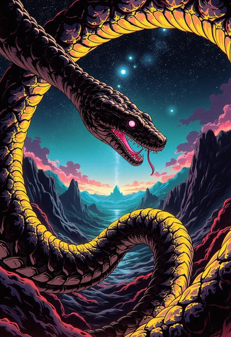 ne0nfant4sy, A surreal, glitched cosmic scene featuring a vast, ethereal plane with distant nebulas and stars flickering in fragmented patterns. In the center of this void, a gigantic black and yellow snake spirals through the aether, its body coiling in an infinite, floating twist. The snake’s split tongue flickers like corrupted light, and its fangs glow with sharp, neon edges, glitched and distorted. The distant stars glitch between vibrant cosmic colors and jagged, pixelated voids, casting an eerie, unnatural glow across the scene. The snake’s gaze pierces through the digital noise, its aggressive display of fangs creating a horrific, otherworldly presence. The cosmic landscape warps and flickers with bursts of neon static, interspersed with dark voids, as the scene’s vast, ethereal beauty is interrupted by a haunting, glitched-out reality.