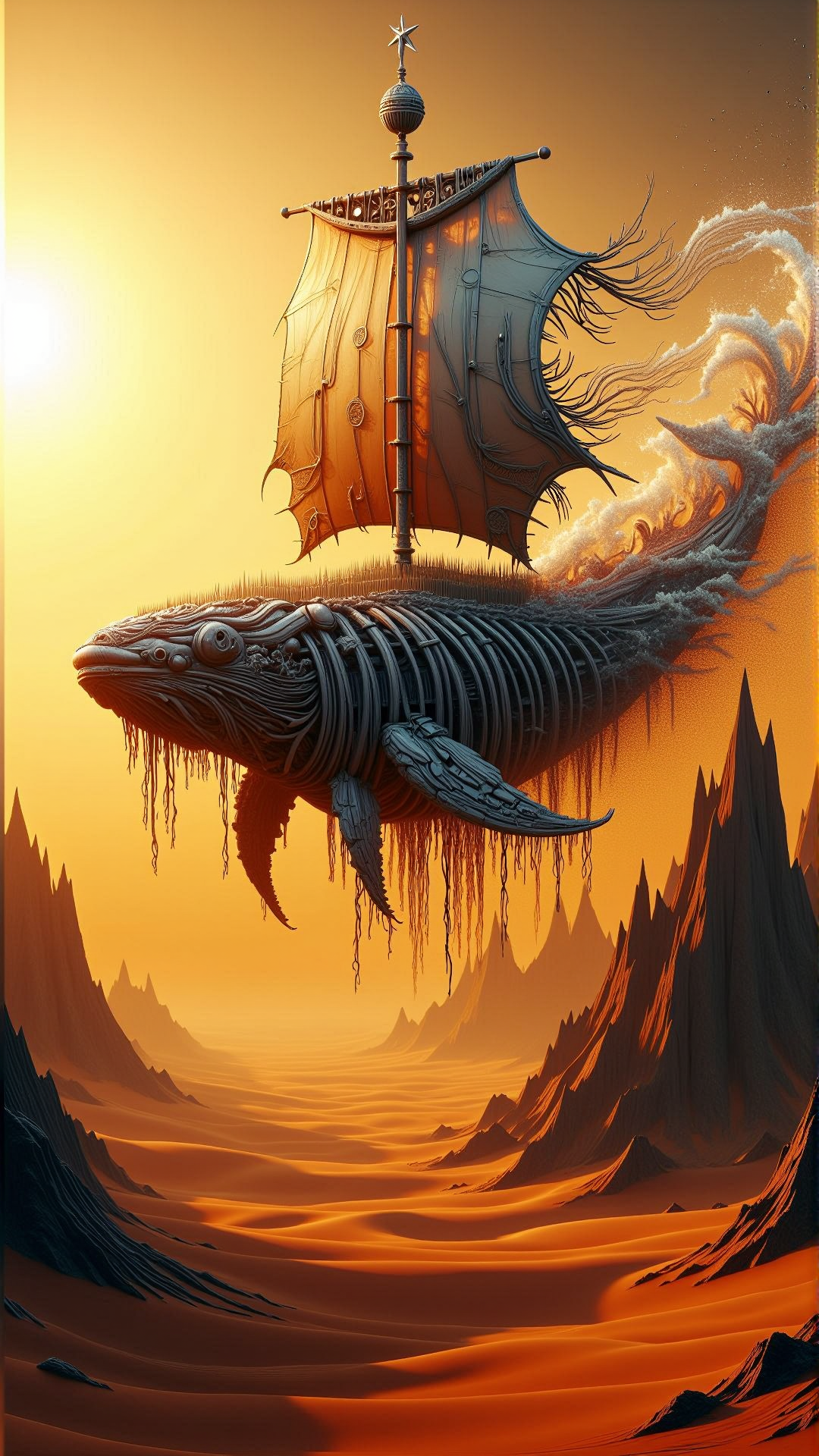 ElementMix Made from water element: Water A colossal, fossilized whale, its massive body a labyrinth of ancient, petrified bones, rises majestically from the endless dunes of a golden, sun-scorched desert, its skeletal hull resembling the weathered remains of a long-lost galleon, with tattered, wind-worn sails crafted from what appears to be the desiccated, translucent skin of some long-extinct creature, billowing in the scorching breeze as the fossilized leviathan glides effortlessly across the sea of sand, leaving behind a trail of tiny, sand-swirling whirlwinds that dance in its wake, while the blistering sun beats down relentlessly, casting a warm, golden glow over the surreal, dreamlike scene, with the distant, jagged silhouettes of rocky outcroppings rising like the blackened teeth of some ancient, long-forgotten monster from the horizon.
<lora:ElementMixFlux:0.9>