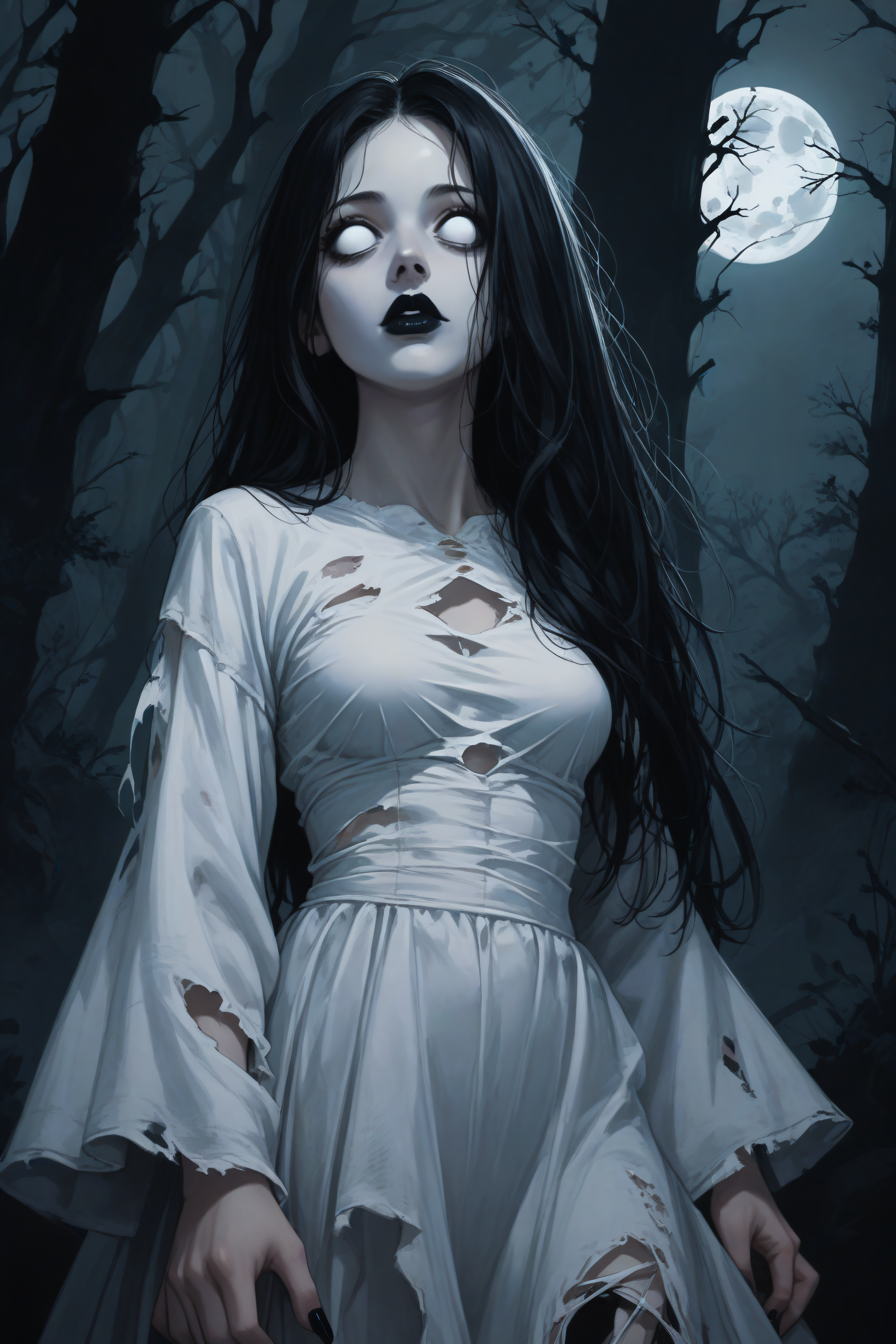 score_9, score_8_up, score_7_up, BREAK source_anime, <lora:Banshee-PonyXL-lora-Faxtron:1> banshee, 1girl, blank eyes, long hair, medium breasts, pale skin, black lips, long fingernails, black fingernails, white dress, long sleeves, wide sleeves, torn clothes, dark, horror \(theme\),