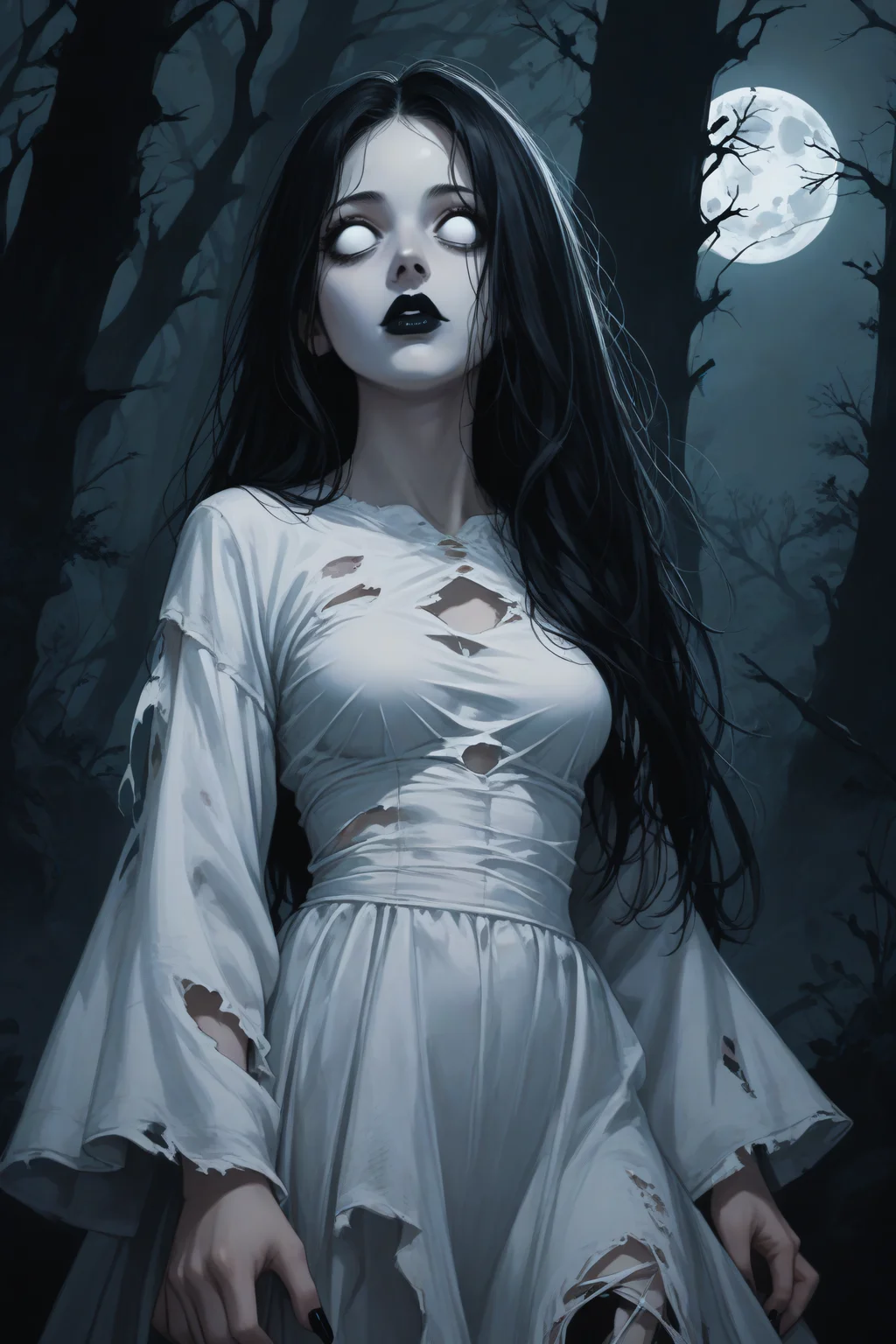 score_9, score_8_up, score_7_up, BREAK source_anime, <lora:Banshee-PonyXL-lora-Faxtron:1> banshee, 1girl, blank eyes, long hair, medium breasts, pale skin, black lips, long fingernails, black fingernails, white dress, long sleeves, wide sleeves, torn clothes, dark, horror \(theme\),