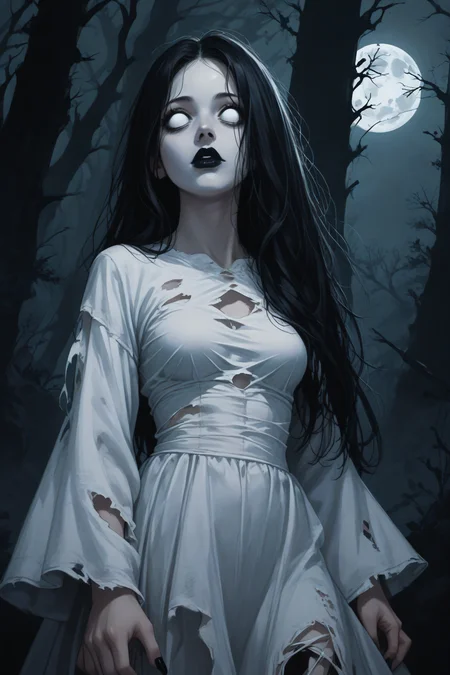 score_9, score_8_up, score_7_up, BREAK source_anime, <lora:Banshee-PonyXL-lora-Faxtron:1> banshee, 1girl, blank eyes, long hair, medium breasts, pale skin, black lips, long fingernails, black fingernails, white dress, long sleeves, wide sleeves, torn clothes, dark, horror \(theme\),