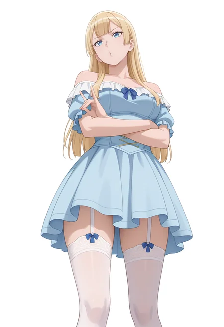 Smooth Quality,masterpiece,very intricate, high quality details, ultra realistic, high detailed skin,
simple background, white background,
from below,o3o,fox shadow puppet,standing, arms crossed, head tilt, serious, balanced stance, confident,  ,
off-shoulder top, ,garter straps, , 
<lora:Rembrandt_Sifcnn:0.8> RembrandtSif/cnn, 1girl, solo, long hair, blonde hair, blue eyes,
