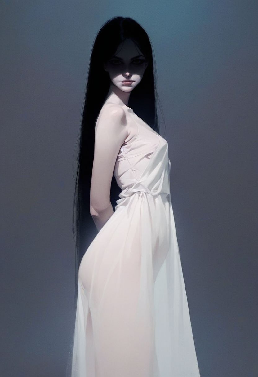 score_9, score_8_up, score_7_up,
rating suggestive
dark background,
1girl, solo, curvy, standing, looking at viewer, shaded face, pale skin, long black hair, baggy white dress, transparent dress, dark background, side view,
realistic