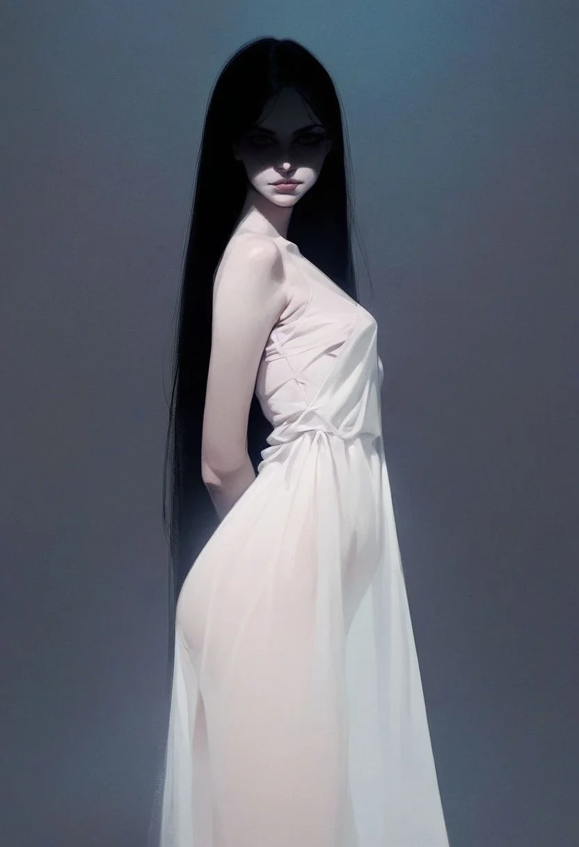 score_9, score_8_up, score_7_up,
rating suggestive
dark background,
1girl, solo, curvy, standing, looking at viewer, shaded face, pale skin, long black hair, baggy white dress, transparent dress, dark background, side view,
realistic