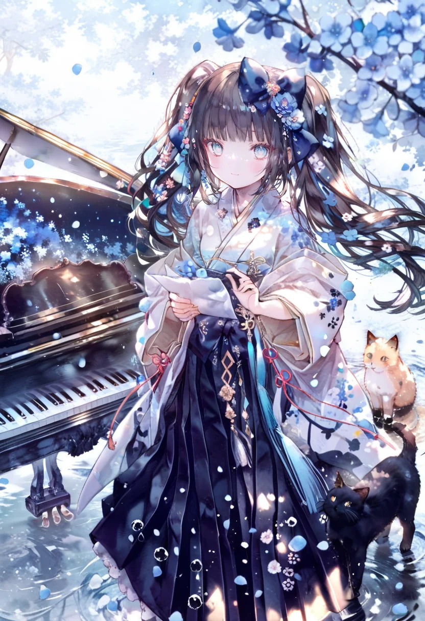 masterpiece, best quality, <lora:oninekoXL_ANI31_lokr_V43P1:0.95> 1girl, cat, instrument, piano, long hair, blue eyes, solo, japanese clothes, flower, animal, hair bow, petals, bow, brown hair, skirt, kimono, playing instrument, hair ornament, holding, standing, wide sleeves, blue bow, long sleeves, black cat, black hair, grand piano, looking at viewer, reflection, water, outdoors, tree, twintails, hair flower, branch, closed mouth, blunt bangs, blush, cup, smile, blue flower, hakama skirt