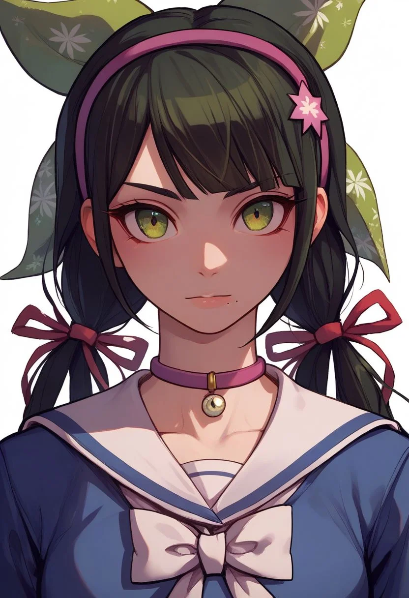 score_9, score_8_up, score_7_up, source_anime, solo, 1girl, Tenko Chabashira, Mole under mouth, Dark green hair, green eyes, twintails, hair ribbons, hairband, choker, school uniform, portrait, close up, half body, standing, arms at sides, looking at viewer, standing, white background